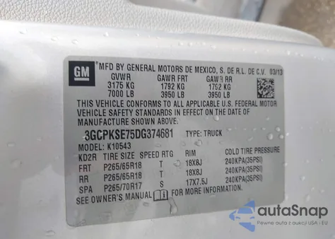 2013 Chevrolet Silverado 1500 Lt из США, поврежденный, VIN 3GCPKSE75DG374681